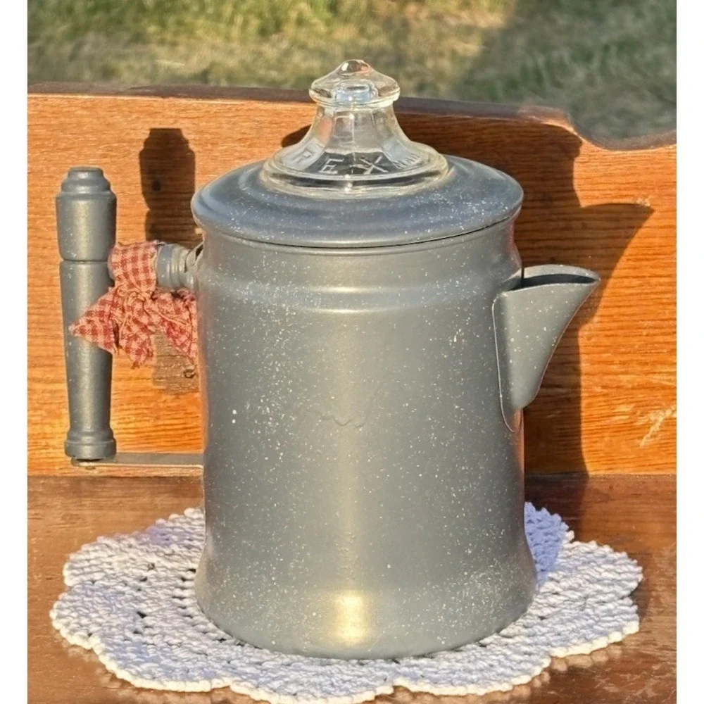 Vtg Light Blue Metal Pyres Coffee Pot Perculator Hand Painted Winter Home Scene